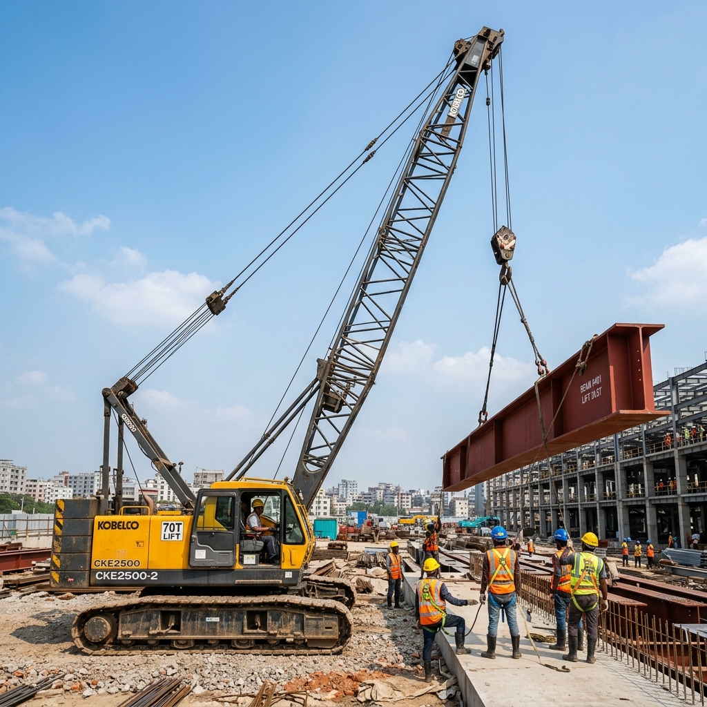 Kobelco crawler crane performing heavy steel lift on Bongshai Engineering project site Bangladesh