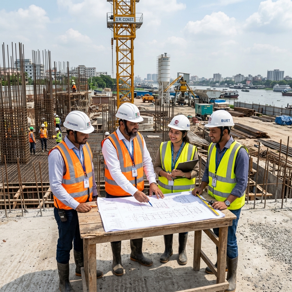 Engineering team reviewing structural plans on Bongshai project site