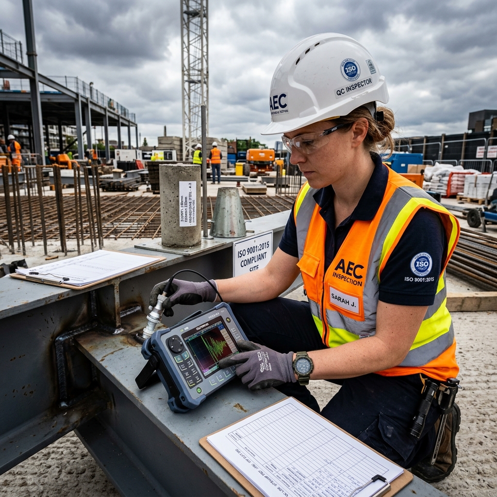Quality control inspector performing ISO 9001 material testing on construction site